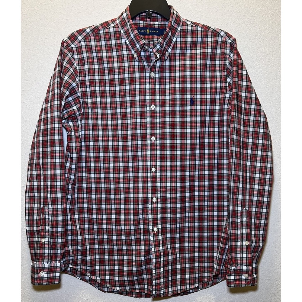 Ralph Lauren Men's Large Long Sleeve Shirt Button Down Red Navy Green Plaid Pony